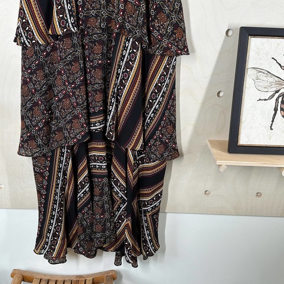 A.L.C. Hayley Tiered Silk Scarf-Print Midi Dress SZ 4 Black Brown Gold - Picture 5 of 13